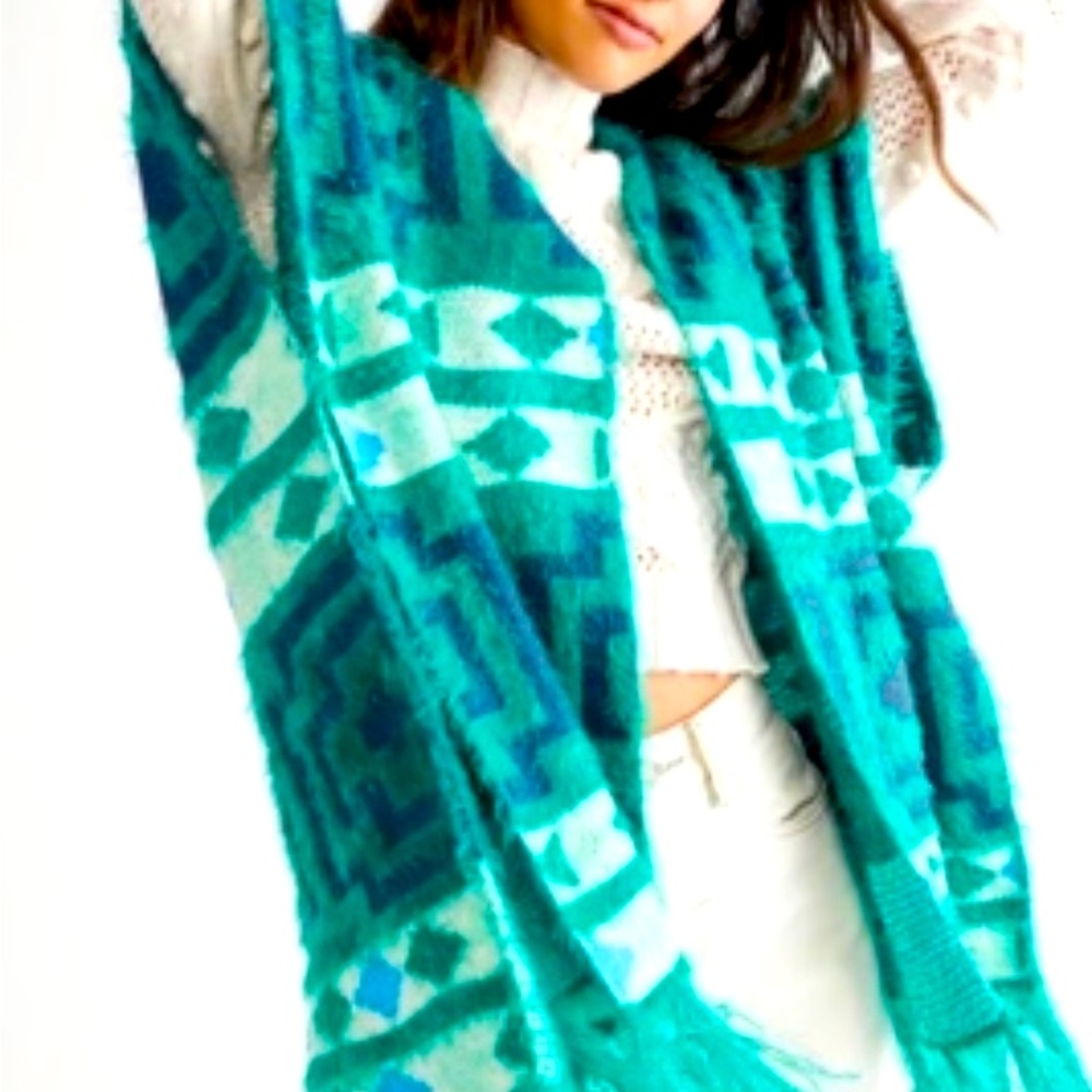 Free People Diamondback Cozy Kimono Poncho Soft Southwest Boho Green Blue OS